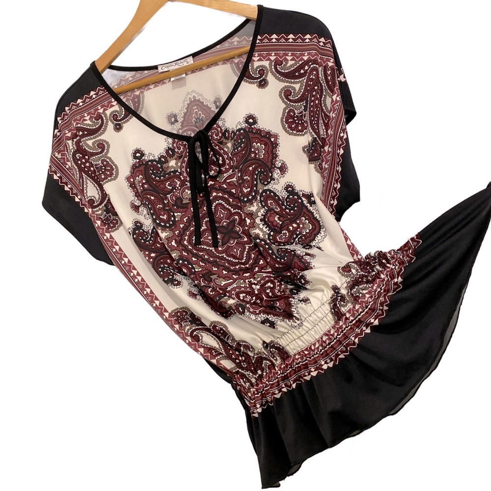Claudia Richard: Women's Boho Paisley V-Neck Top - Silk Cool Short Sleeve (X-L)